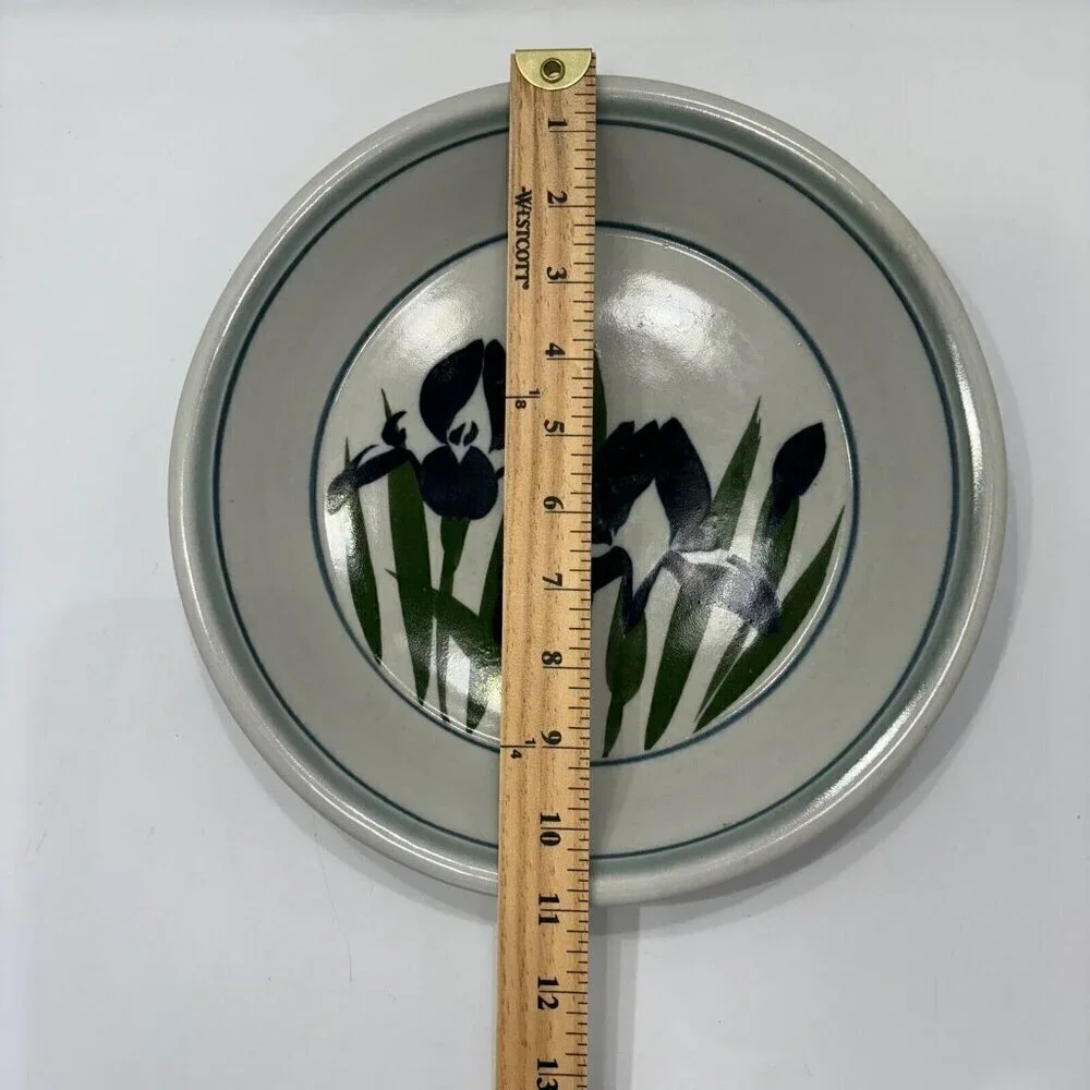 Handcrafted Pottery Artisan Signed Ward Glazed Pie Plate Shallow Bowl Iris